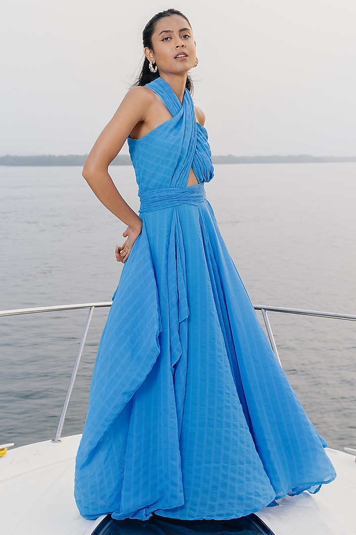 Sea Blue Printed Gown by House Of Fett at Pernia's Pop Up Shop
