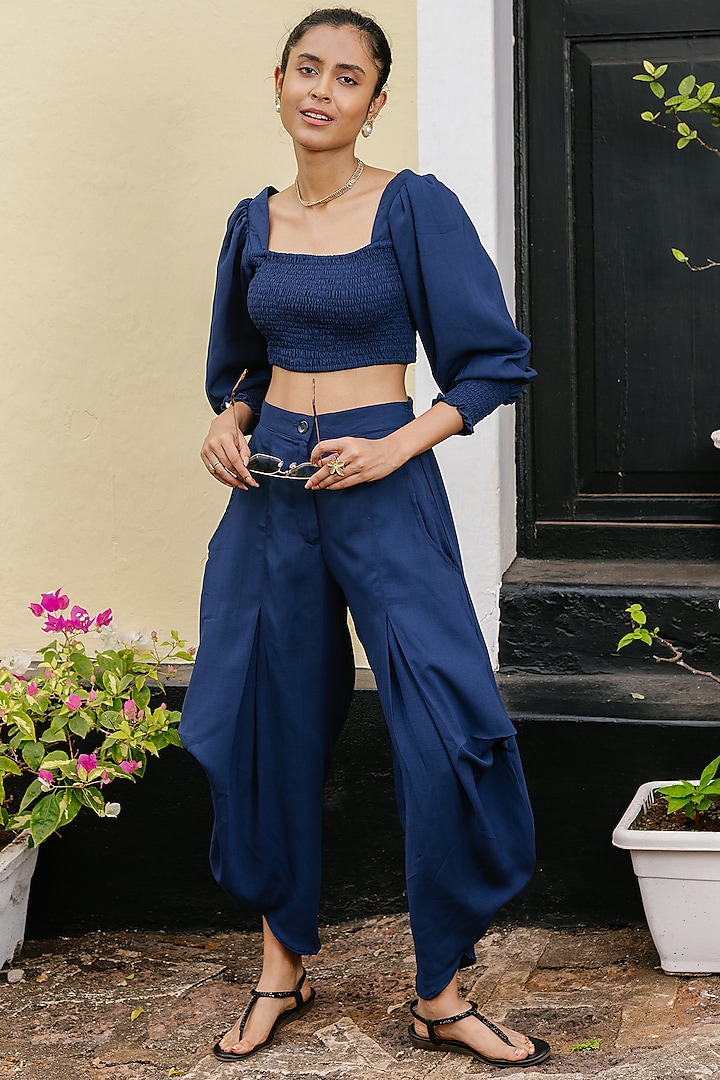 Blue Rayon Cowl Pants by House Of Fett