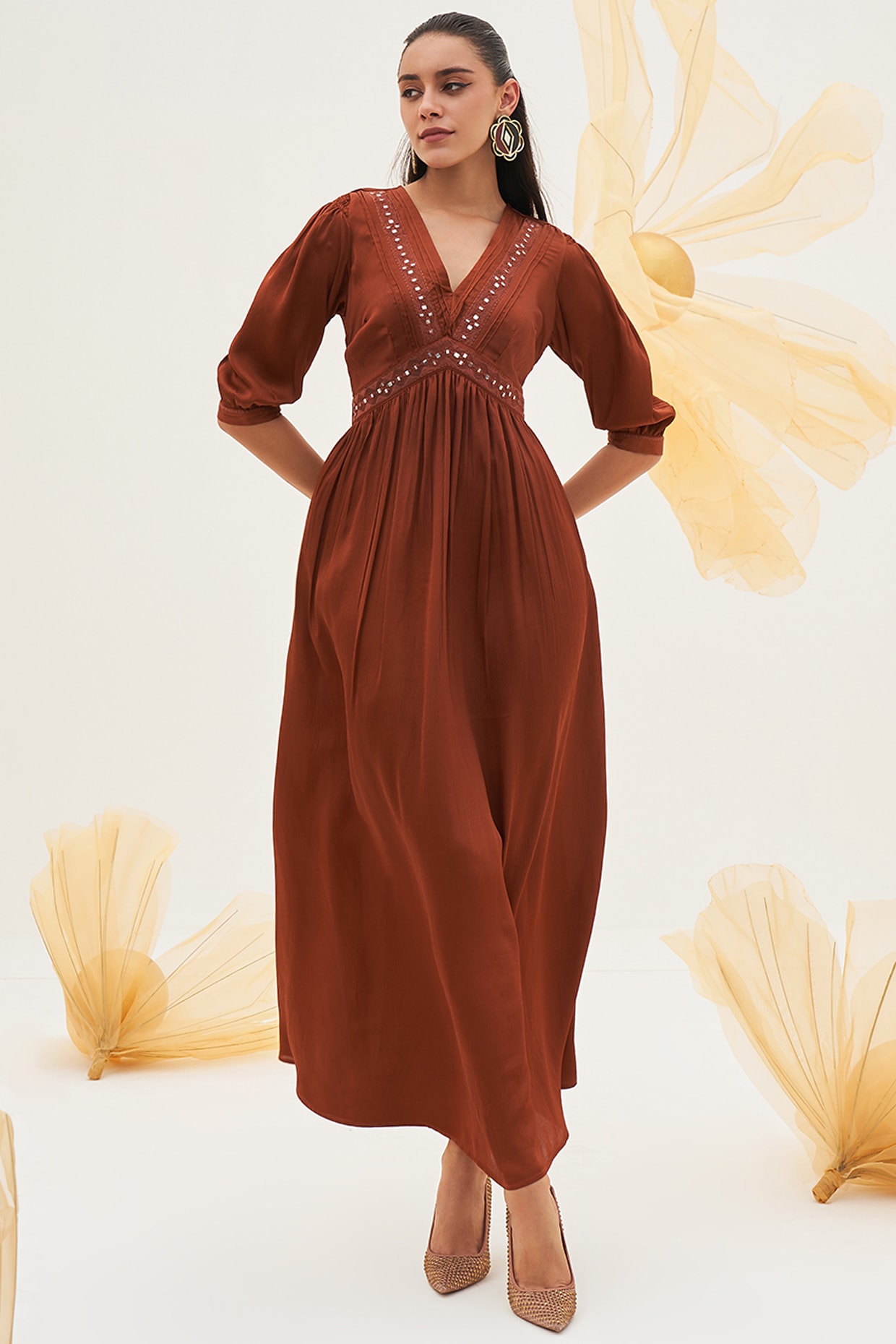 yellow and brown floral dress Wedtrend Women Yellow Small Flower Maxi Dress with Ruffles A Line V Neck  Cut Out Pleated Wedding Party Dress – WEDTREND main image 1
