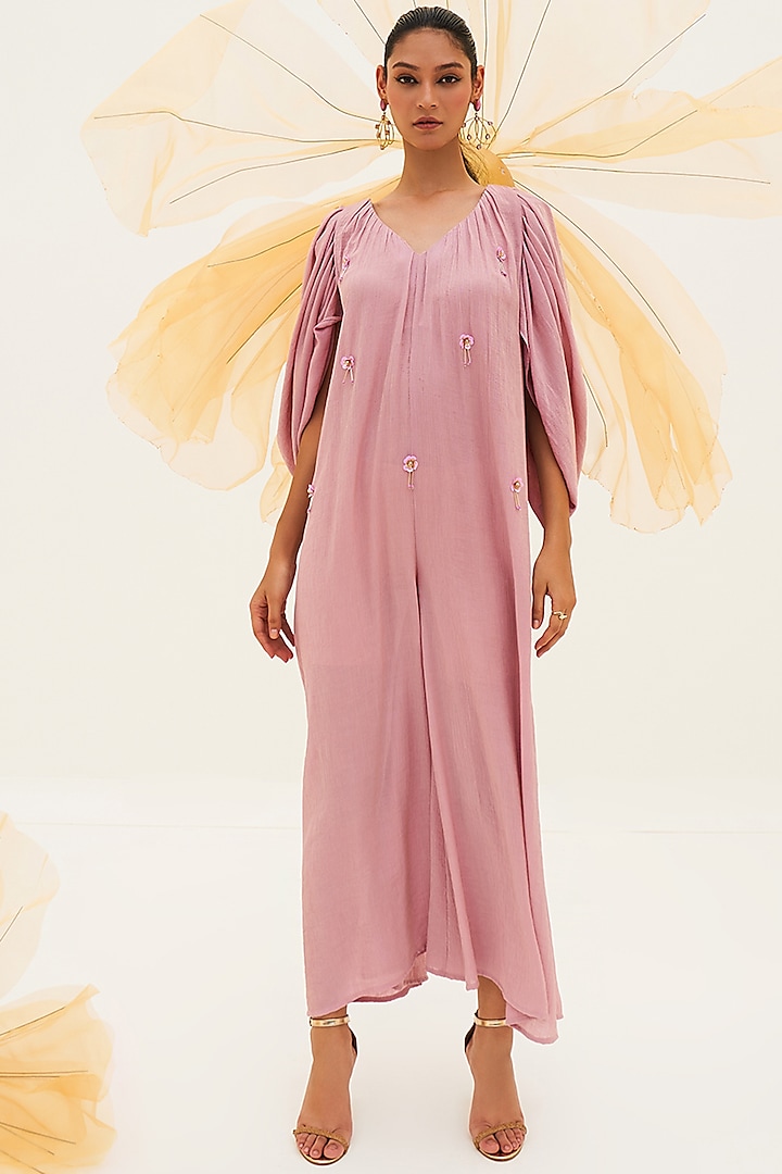 Lavender Pink Satin Georgette Embellished Jumpsuit by House of Fett at Pernia's Pop Up Shop