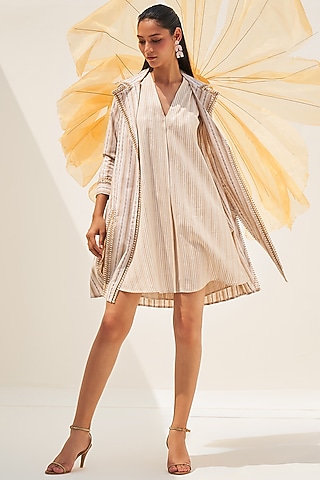Cream & Brown Cotton Viscose Blend Jacket Dress by House of Fett