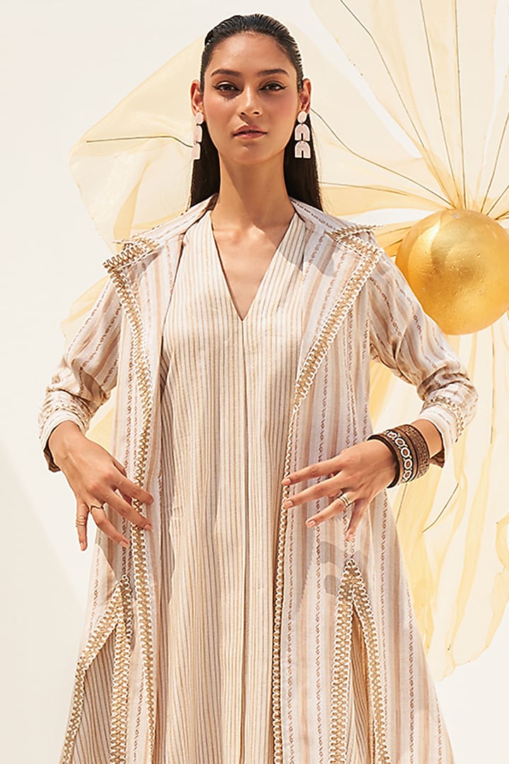 Cream & Brown Cotton Viscose Blend Jacket Summer Dress by House of Fett at Pernia's Pop Up Shop