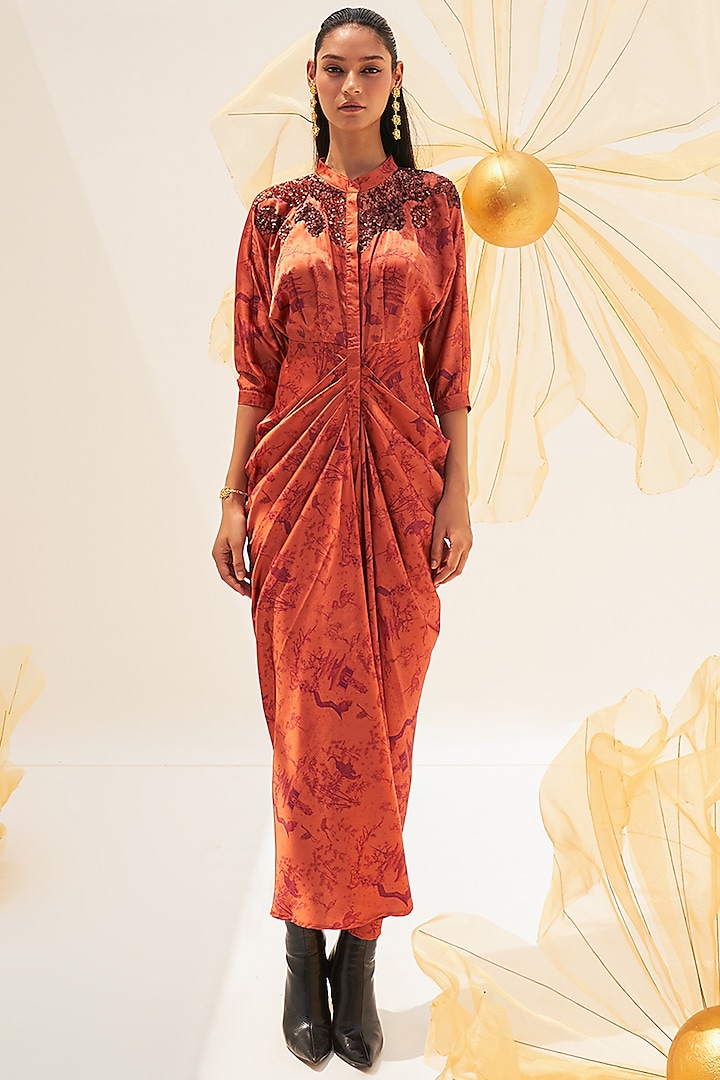 Orange Italian Satin Printed Gown by House of Fett