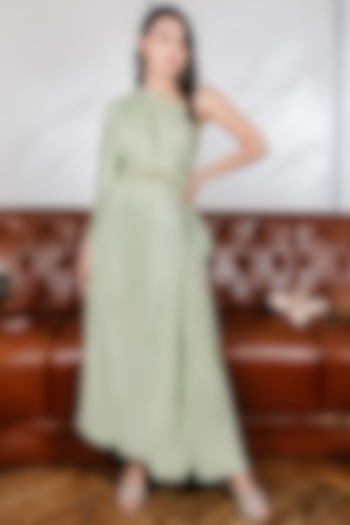 Green Shimmer A-Line Gown With Belt by House Of Fett