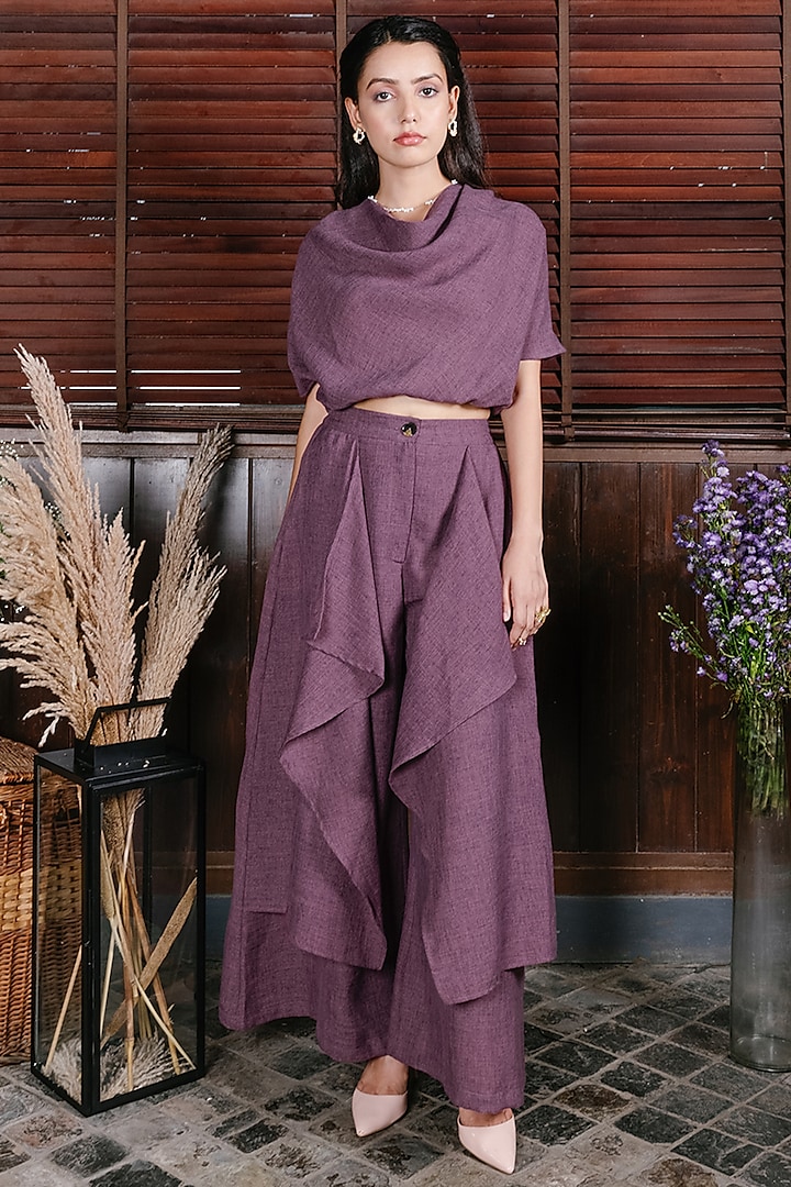 Purple Layered Cowl Pant Set by House Of Fett