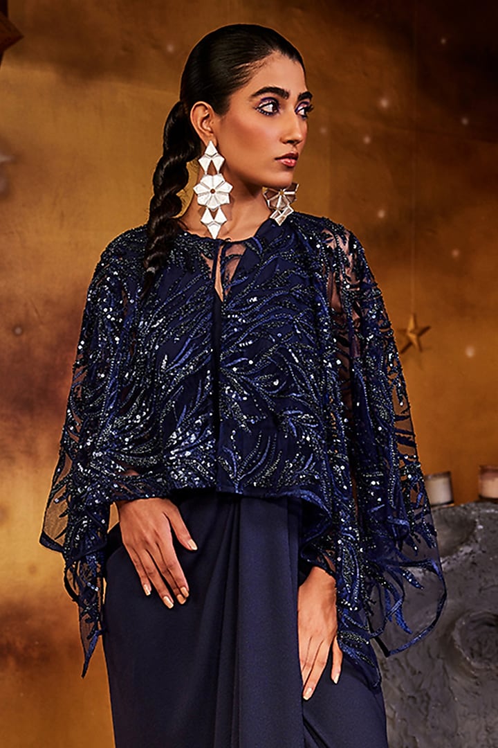 Blue Mesh Hand Embroidered Cape by House of Fett