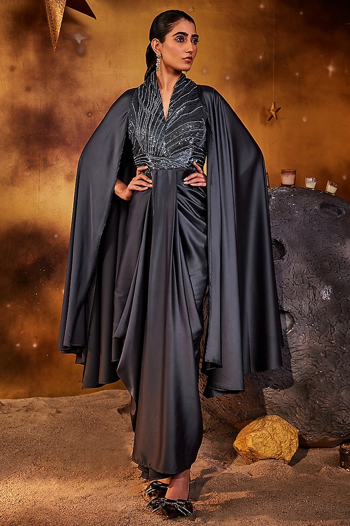 Grey Satin & Mesh Sequins Bead Embroidered Draped Gown by House of Fett at Pernia's Pop Up Shop