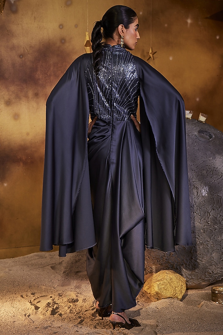 Grey Satin & Mesh Sequins Bead Embroidered Draped Gown by House of Fett at Pernia's Pop Up Shop