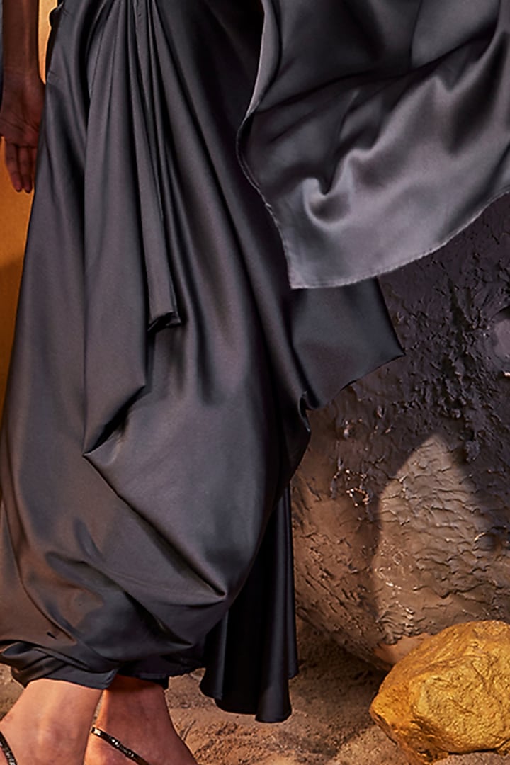 Grey Satin & Mesh Sequins Bead Embroidered Draped Gown by House of Fett at Pernia's Pop Up Shop