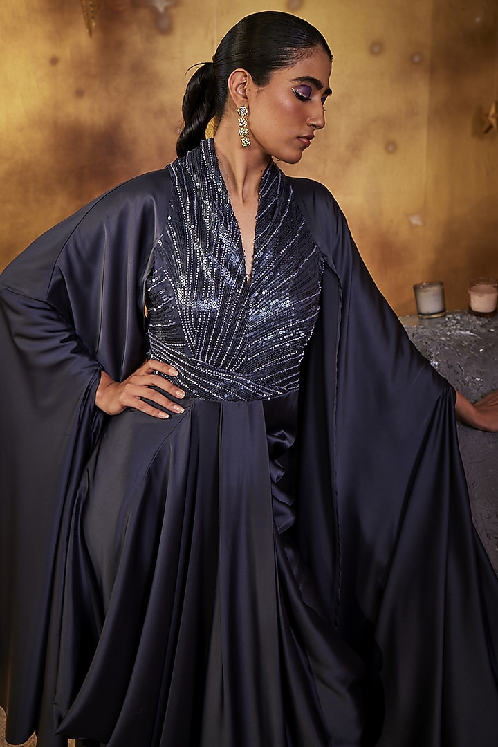 Grey Satin & Mesh Sequins Bead Embroidered Draped Gown by House of Fett at Pernia's Pop Up Shop