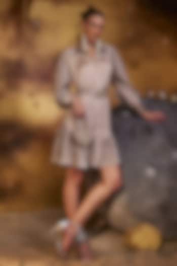 Beige Rado Satin & Pleated Sequins Shirt Dress by House of Fett