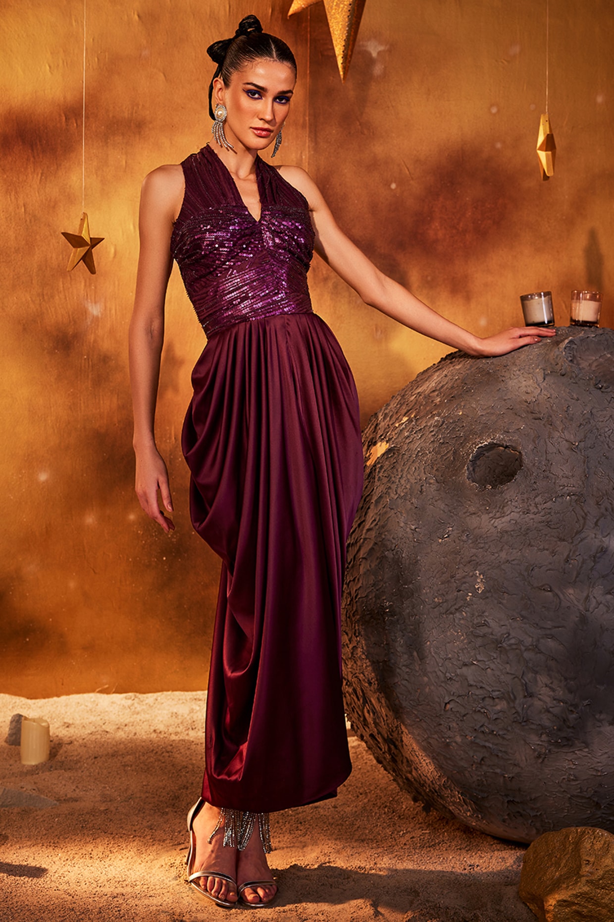 Draped Gown with Slit In Satin – Elizabeth Anthony