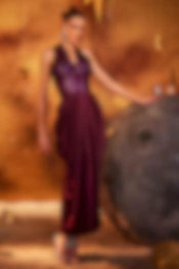 Purple Satin & Mesh Sequins Bead Embroidered Gown by House of Fett