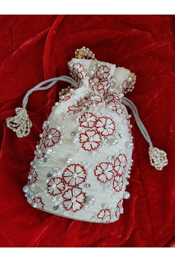 White & Red Floral Hand Embroidered Potli Bag by Feza Bags
