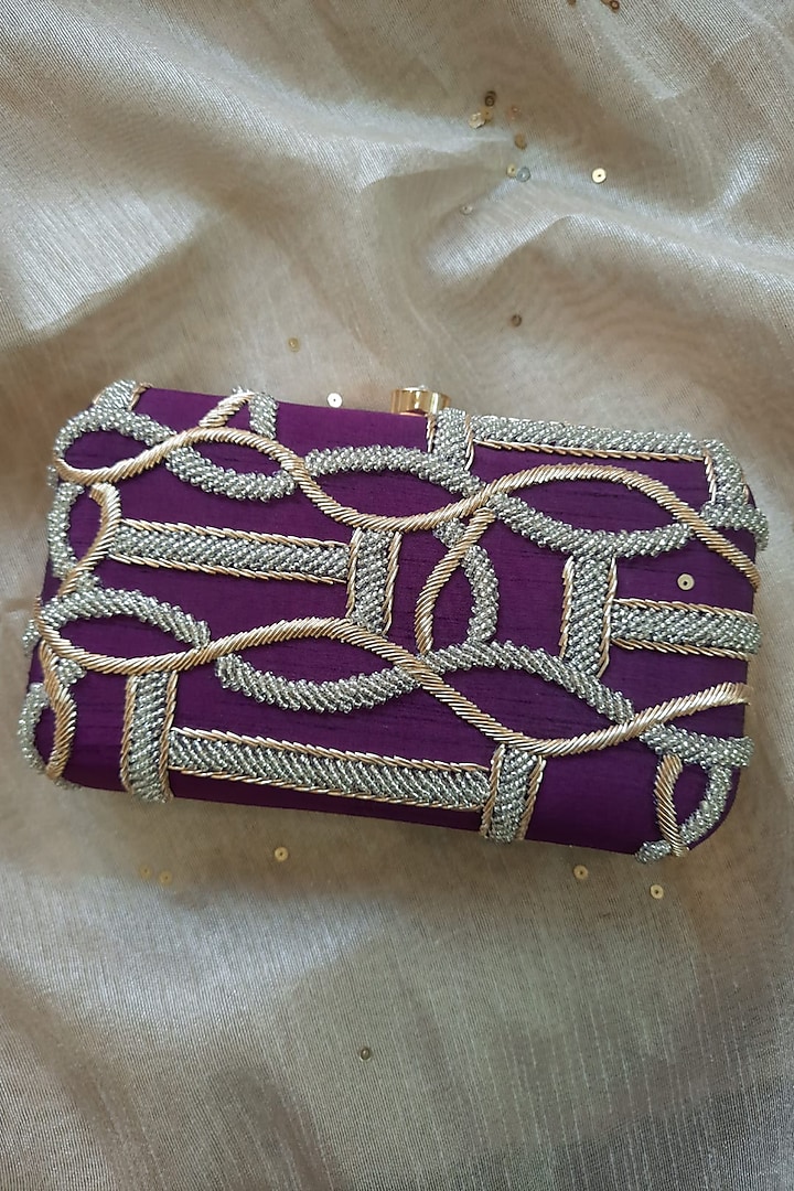 Purple Silk Hand Embroidered Clutch by Feza Bags