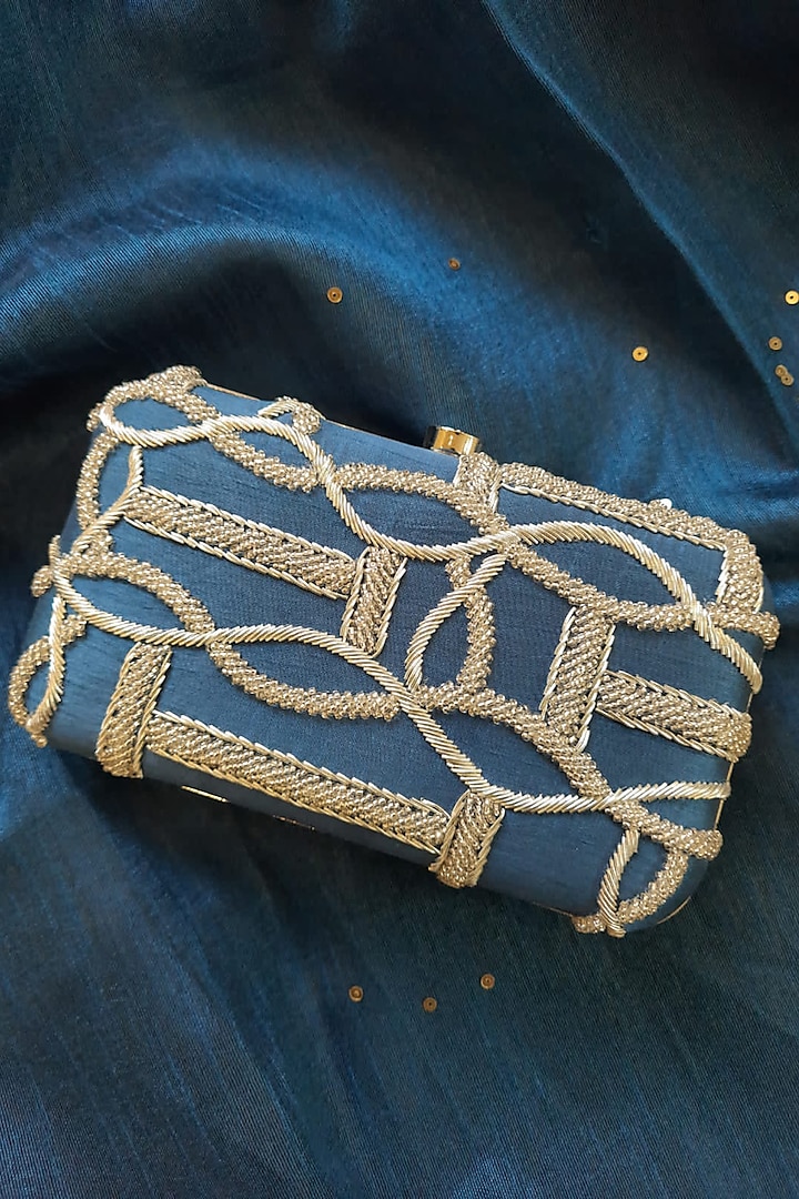 Blue Silk Hand Embroidered Clutch by Feza Bags