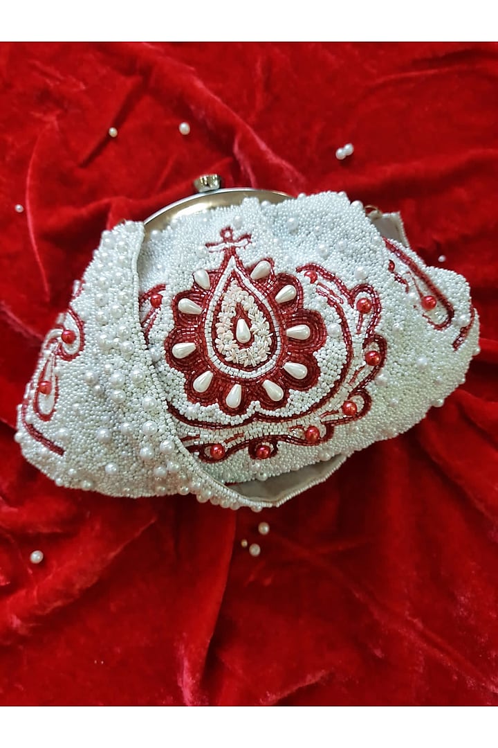 White & Red Raw Silk Embellished Clutch by Feza Bags