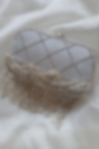 Grey Semi Raw Silk Hand Embroidered Clutch by Feza Bags
