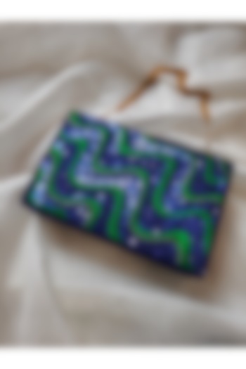 Blue & Green Semi Raw Silk Hand Embroidered Clutch by Feza Bags