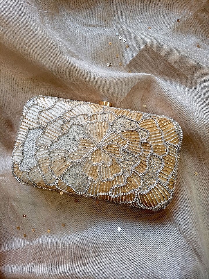 Golden Semi Raw Silk Hand Embroidered Clutch by Feza Bags