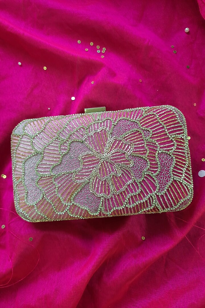 Pink Semi Raw Silk Hand Embroidered Clutch by Feza Bags