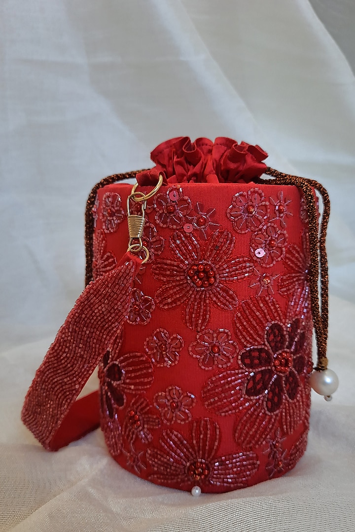 Red Semi Raw Silk Hand Embroidered Circular Bag by Feza Bags