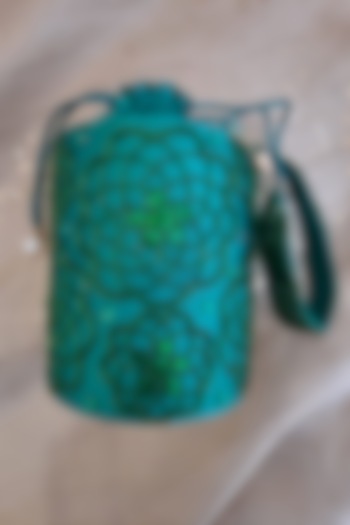 Emerald Green Satin Silk Hand Embroidered Circular Bag by Feza Bags