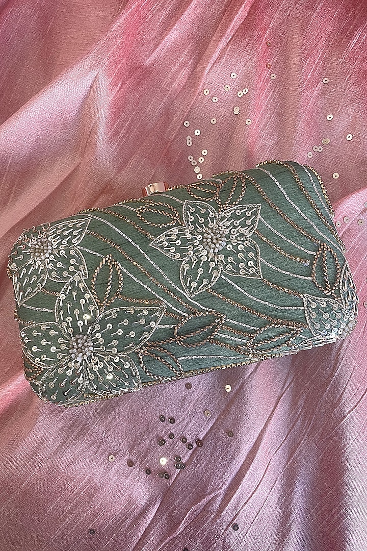 Olive Green Semi Raw Silk Embroidered Clutch by Feza Bags