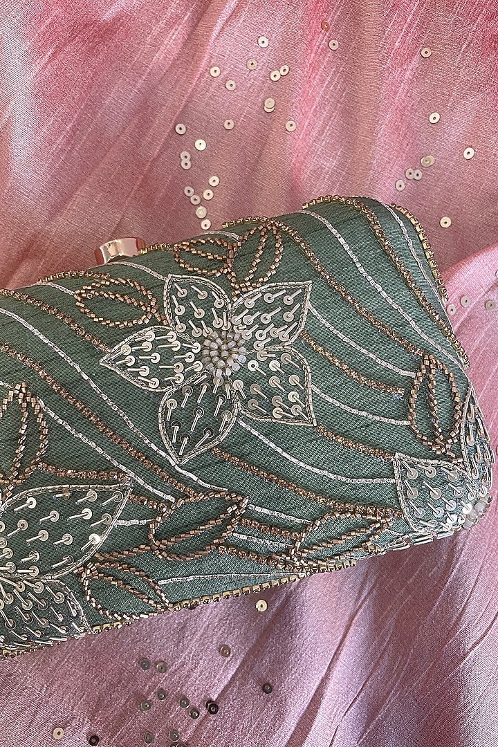 Olive Green Semi Raw Silk Embroidered Clutch by Feza Bags at Pernia's Pop Up Shop