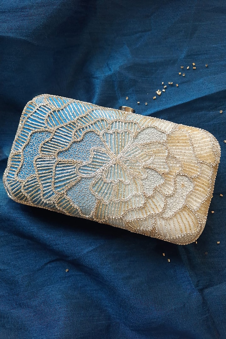Blue Ombre Semi Raw Silk Embroidered Clutch by Feza Bags