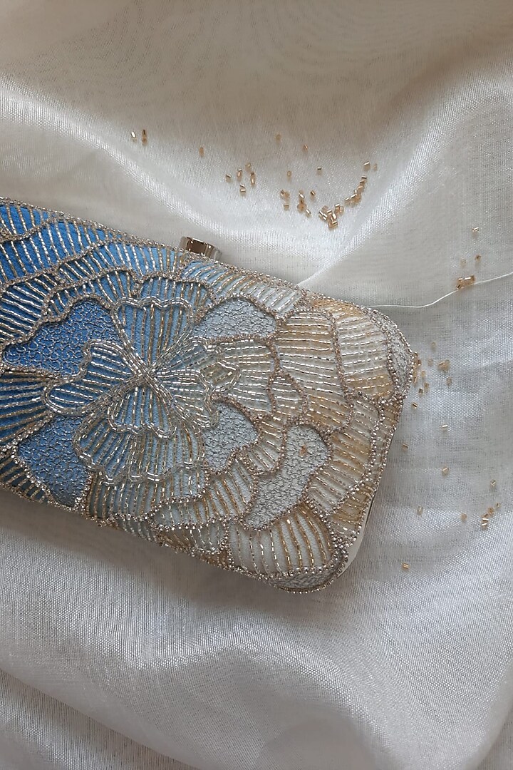 Blue Ombre Semi Raw Silk Embroidered Clutch by Feza Bags at Pernia's Pop Up Shop