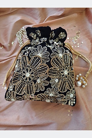 Black Velvet Embroidered Potli by Feza Bags