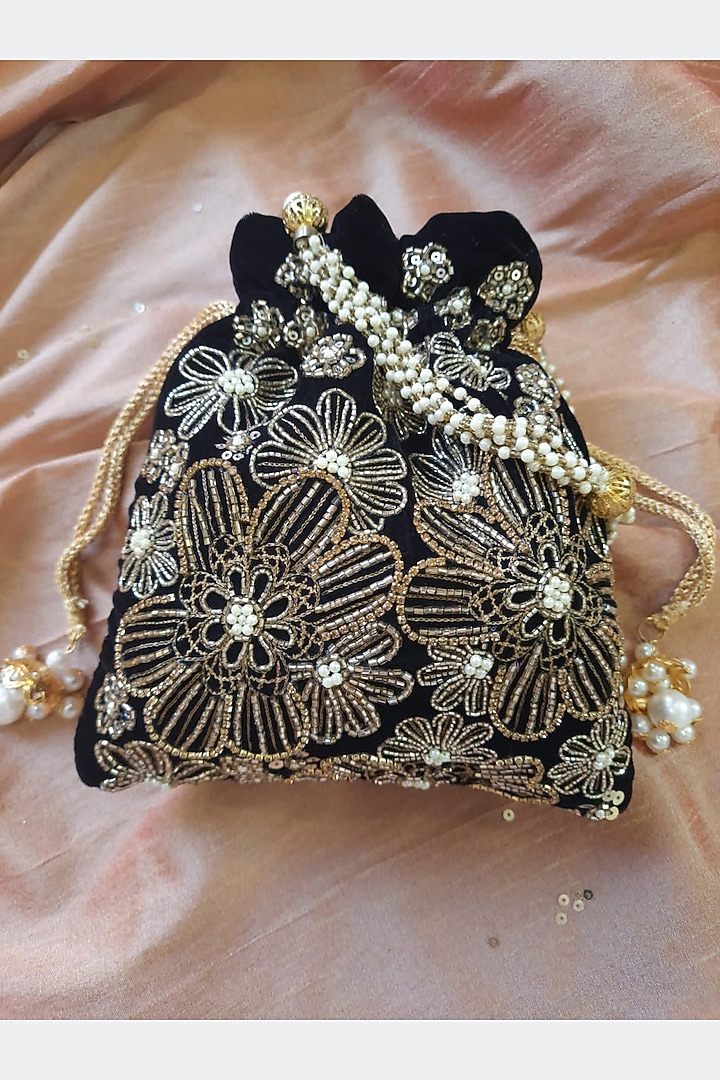 Black Velvet Embroidered Potli by Feza Bags at Pernia's Pop Up Shop