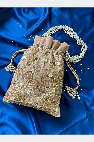 Beige Velvet Embroidered Potli by Feza Bags