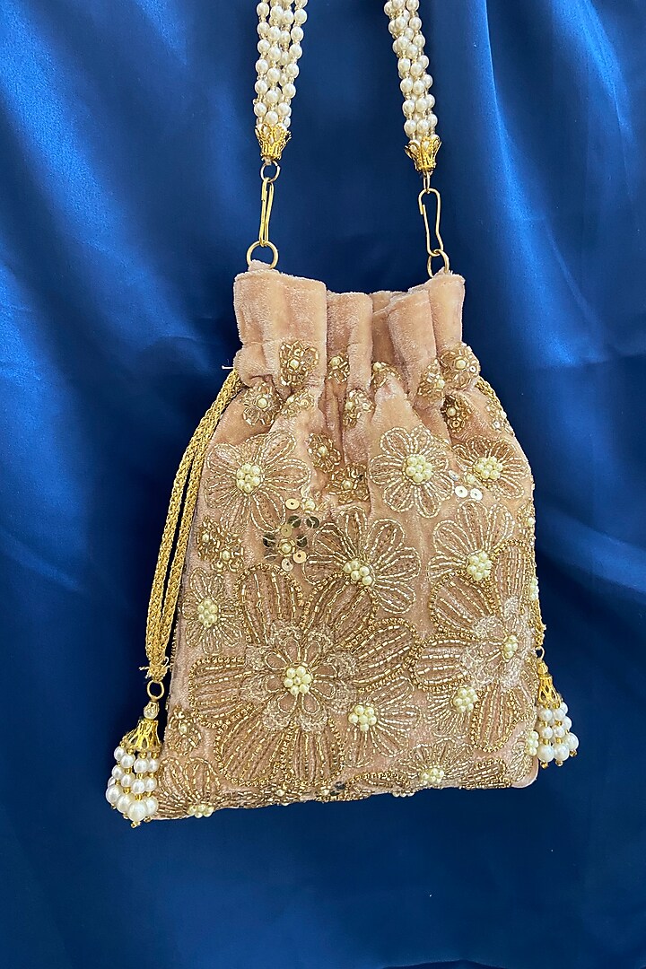 Beige Velvet Embroidered Potli by Feza Bags at Pernia's Pop Up Shop