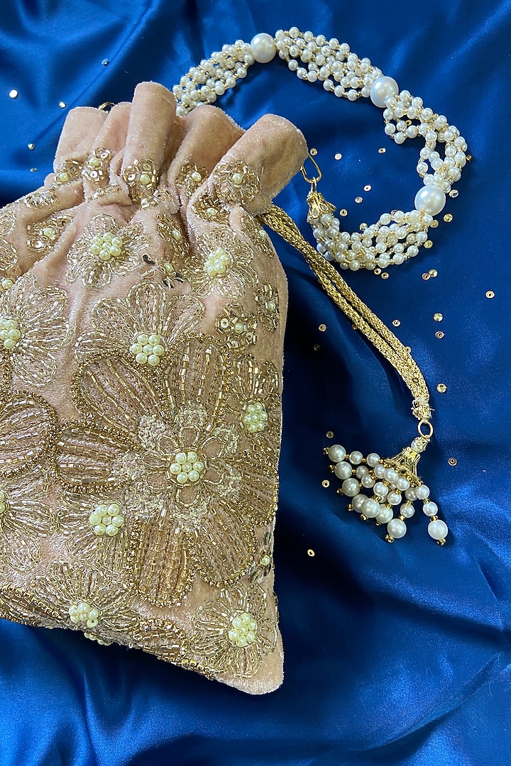Beige Velvet Embroidered Potli by Feza Bags at Pernia's Pop Up Shop