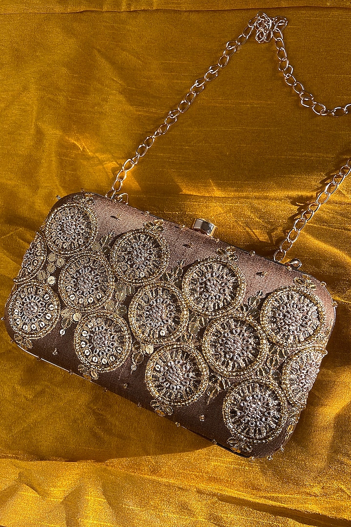 Golden Hand Embroidered Clutch by Feza Bags