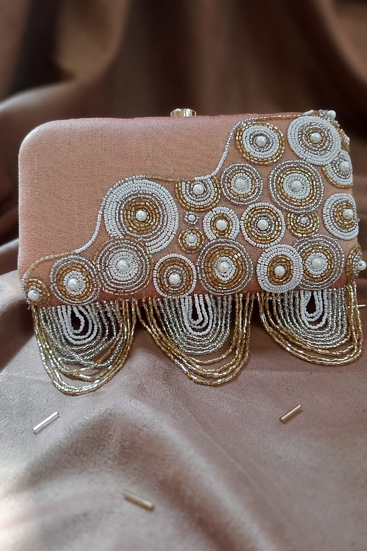 Rose Gold Embroidered Clutch With Fringes by Feza Bags