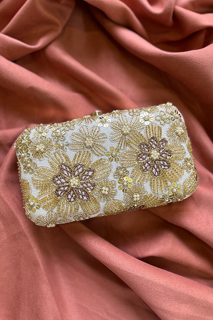 Gold Floral Embroidered Clutch by Feza Bags