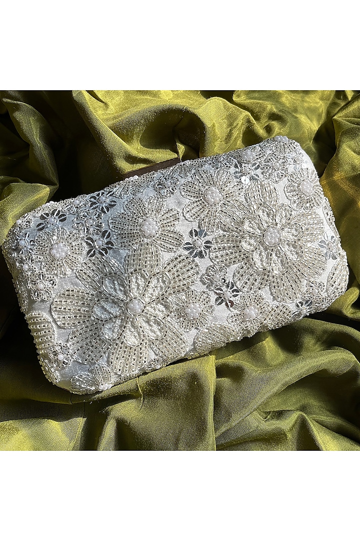 Silver Floral Embroidered Clutch by Feza Bags