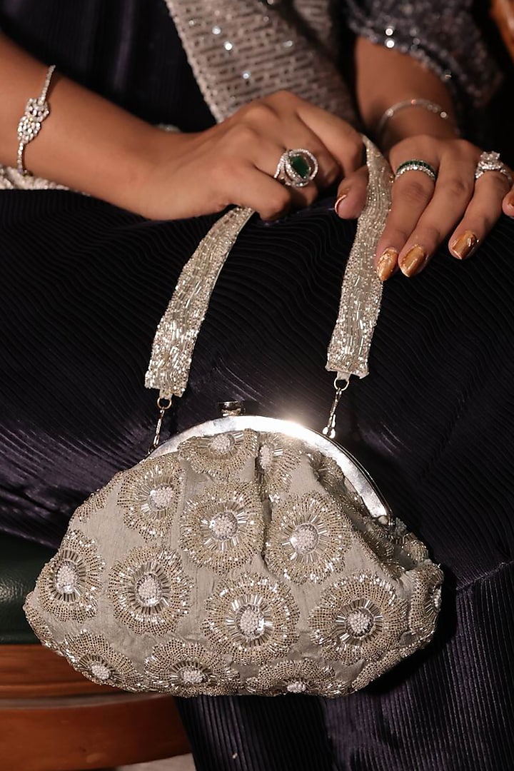 Silver Silk Embroidered Clutch by Feza Bags