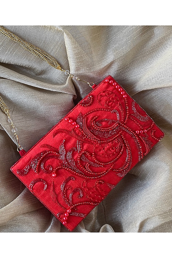 Scarlet Red Embellished Clutch by Feza Bags