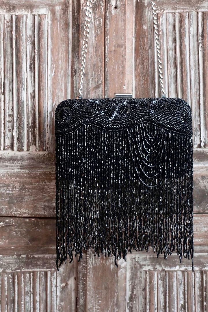 Black Silk Embroidered Clutch by Feza Bags