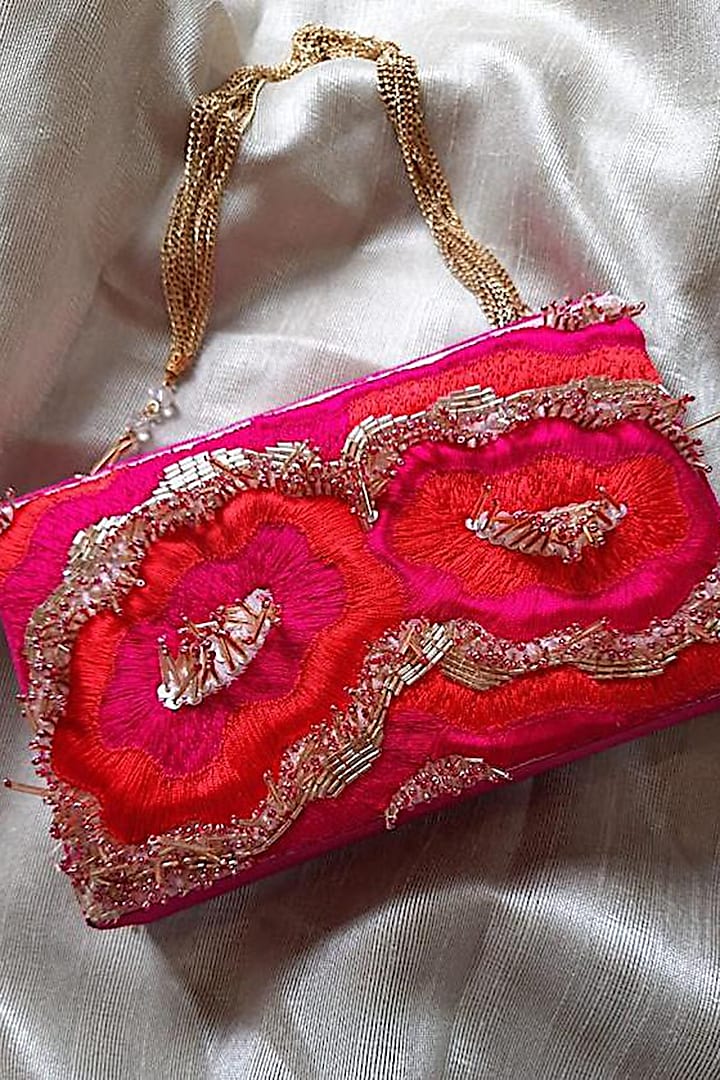 Hot Pink Silk Embellished Clutch by Feza Bags