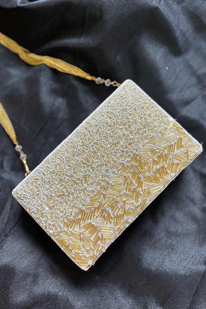 Off White Embellished Clutch by Feza Bags