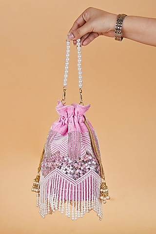 Pink Velvet Fringed Potli by Feza Bags