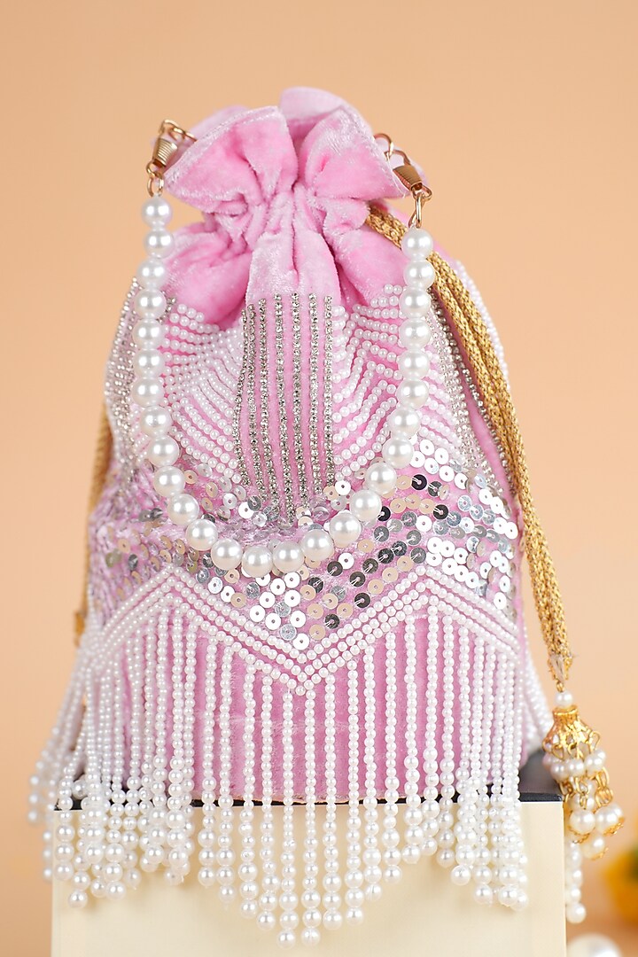 Pink Velvet Fringed Potli by Feza Bags at Pernia's Pop Up Shop