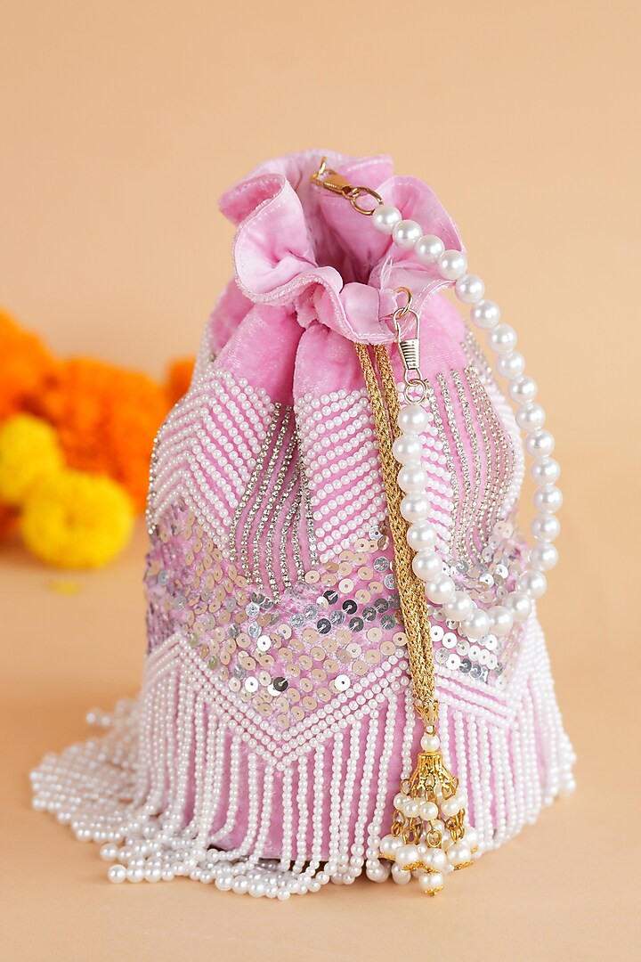 Pink Velvet Fringed Potli by Feza Bags at Pernia's Pop Up Shop