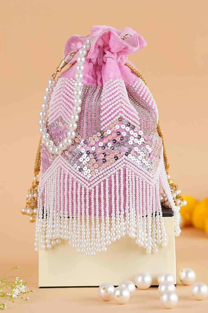 Pink Velvet Fringed Potli by Feza Bags at Pernia's Pop Up Shop