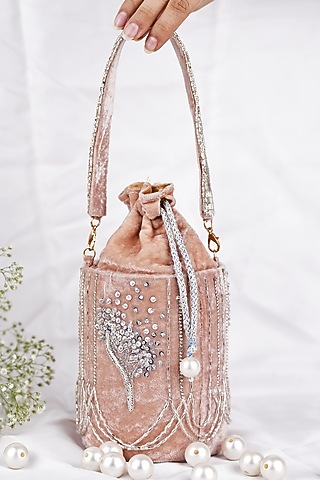Pink Velvet Hand Embroidered Potli by Feza Bags